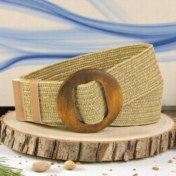 🆕 Rustic Boho Chic Wide Stretch Belt W/ Wood Buckle | Woven Straw Elastic 🌾 - Picture 1 of 13